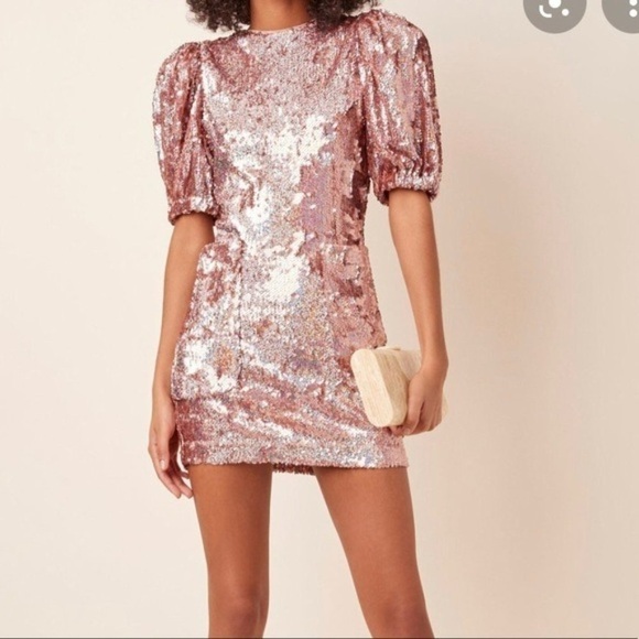 Rotate Birger Christensen Dress NWT Katie Mini Puff Sleeve Dress Holographic S - Picture 12 of 15